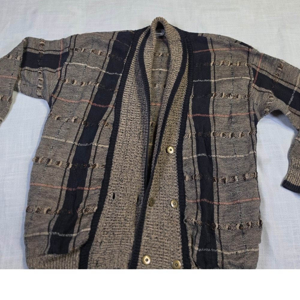 Vintage Pronto Moda Cardigan Sweater Mens Medium Plaid Textured Ramie Cotton Tan